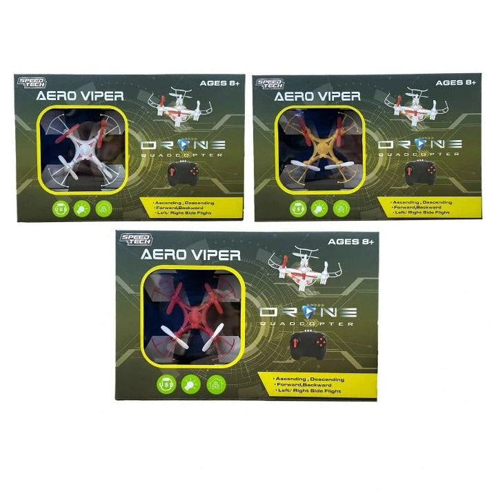 Three "Aero Viper" drone packages in white, yellow, and red. Each box states "Ages 8+".